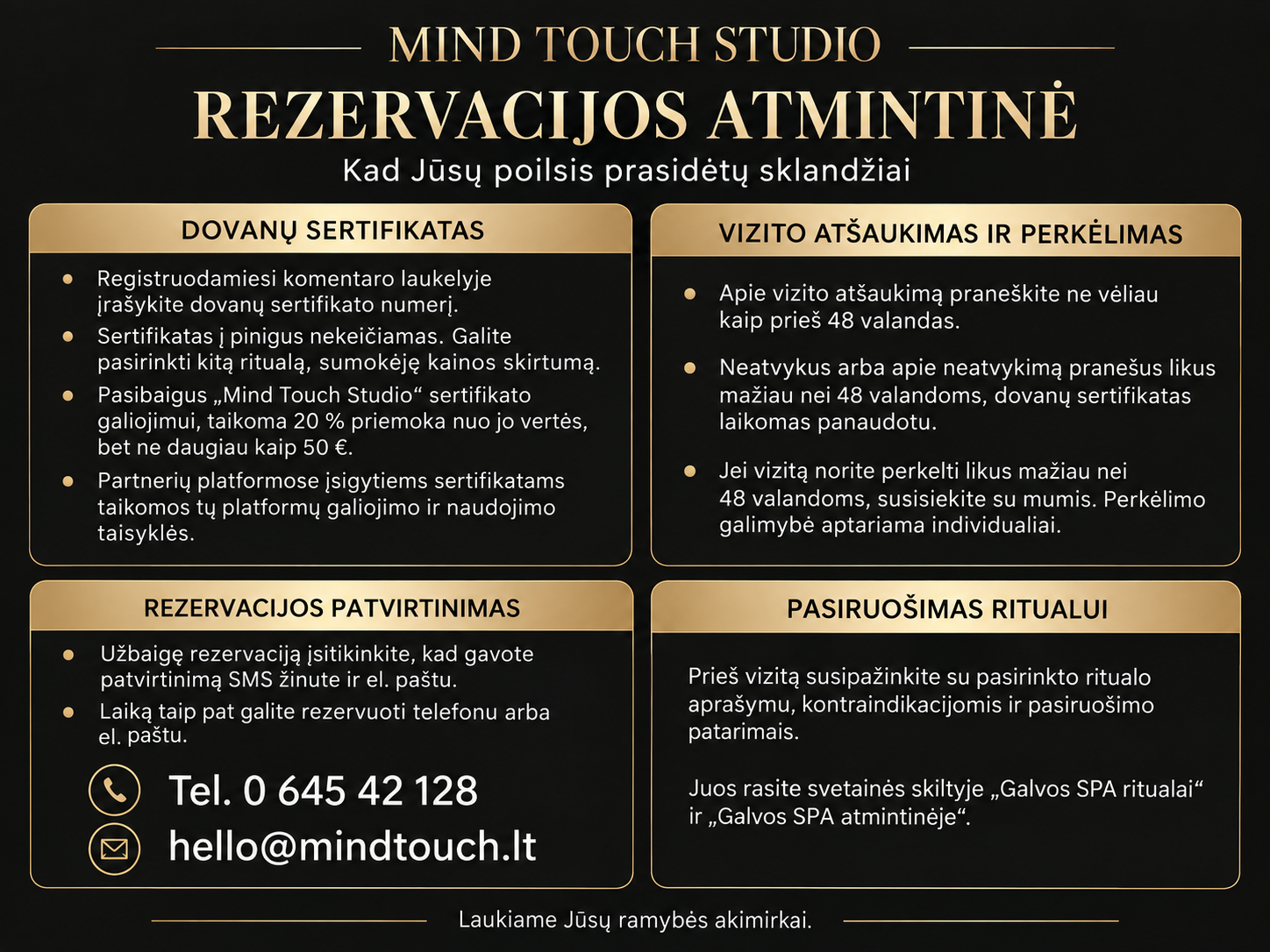 &bdquo;Mind Touch Studio&ldquo; rezervacijos atmintinė: dovanų sertifikatų naudojimas, vizito at&scaron;aukimas ir perkėlimas, rezervacijos patvirtinimas bei pasiruo&scaron;imas galvos SPA ritualui.